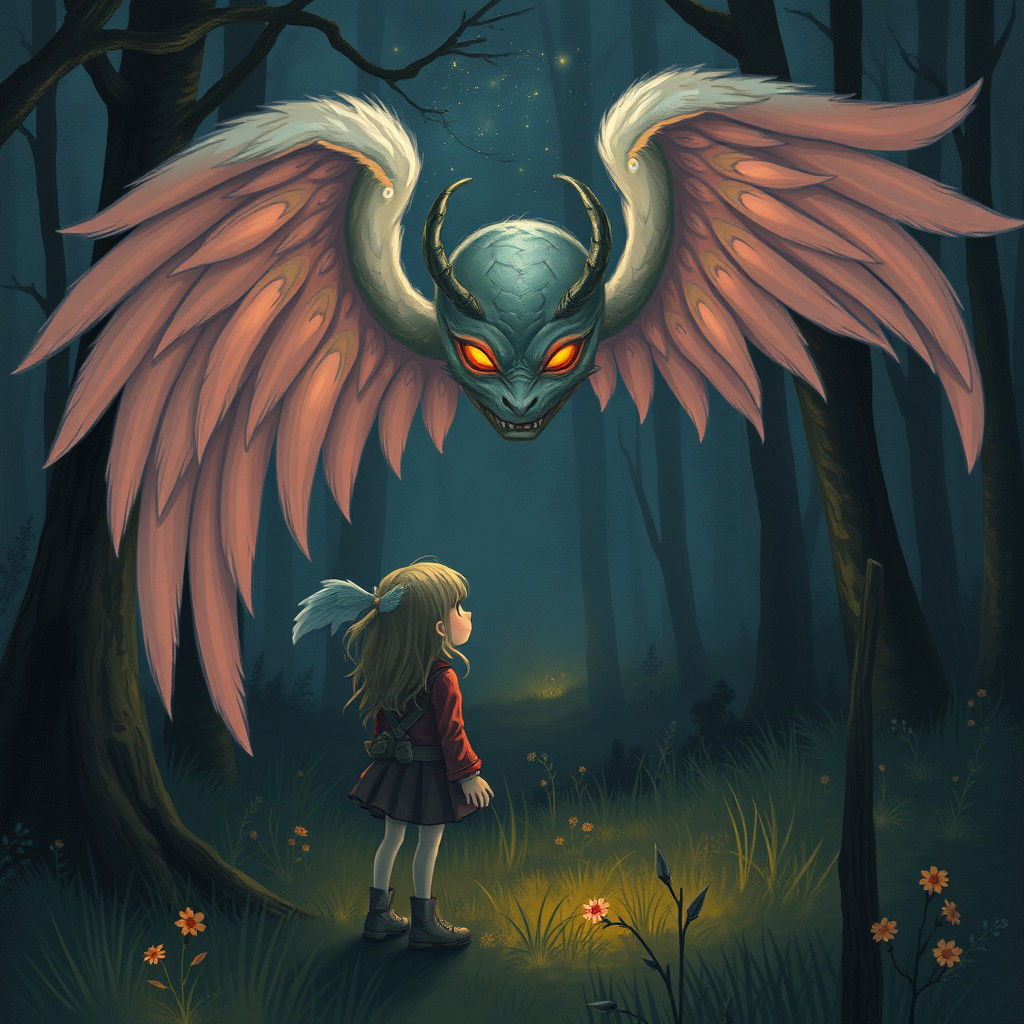 Ethereal Forest Encounter: Girl and Winged Creature