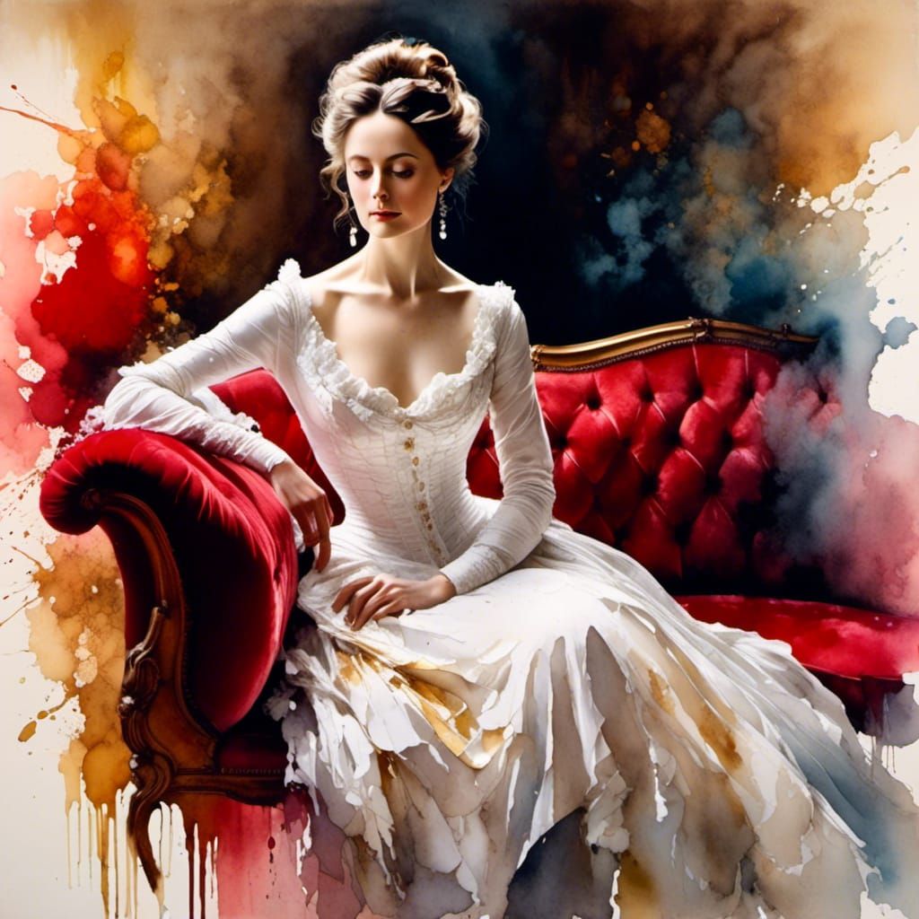 "<lora:LIA Paint Effects:1.0> Abstract Realism: watercolors, acid inks, oils, acrylics portrait of a proper Victorian la...