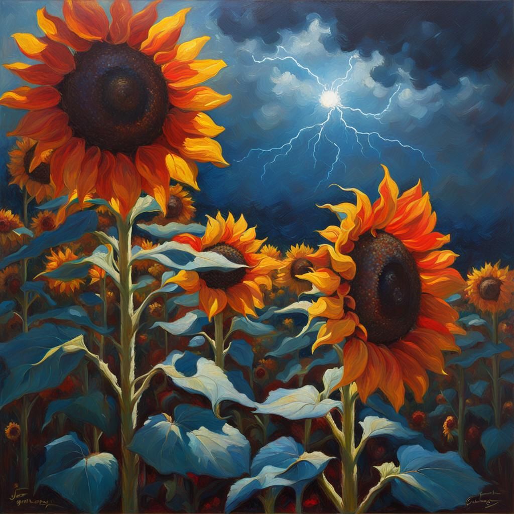 Sunflower Garden Ablaze with Lightning, Oil Painting