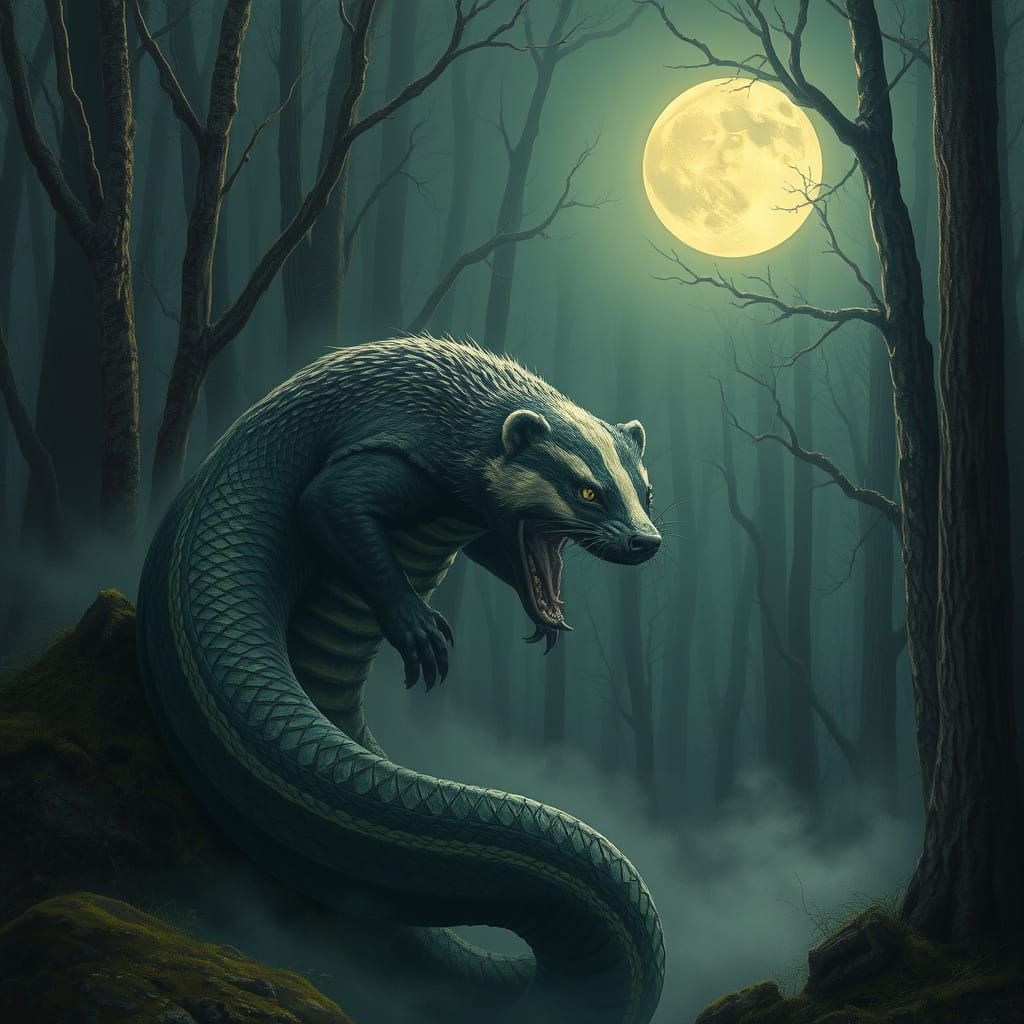 Surrealist Badgersnake Emerges from Moonlit Forest in Dark F...