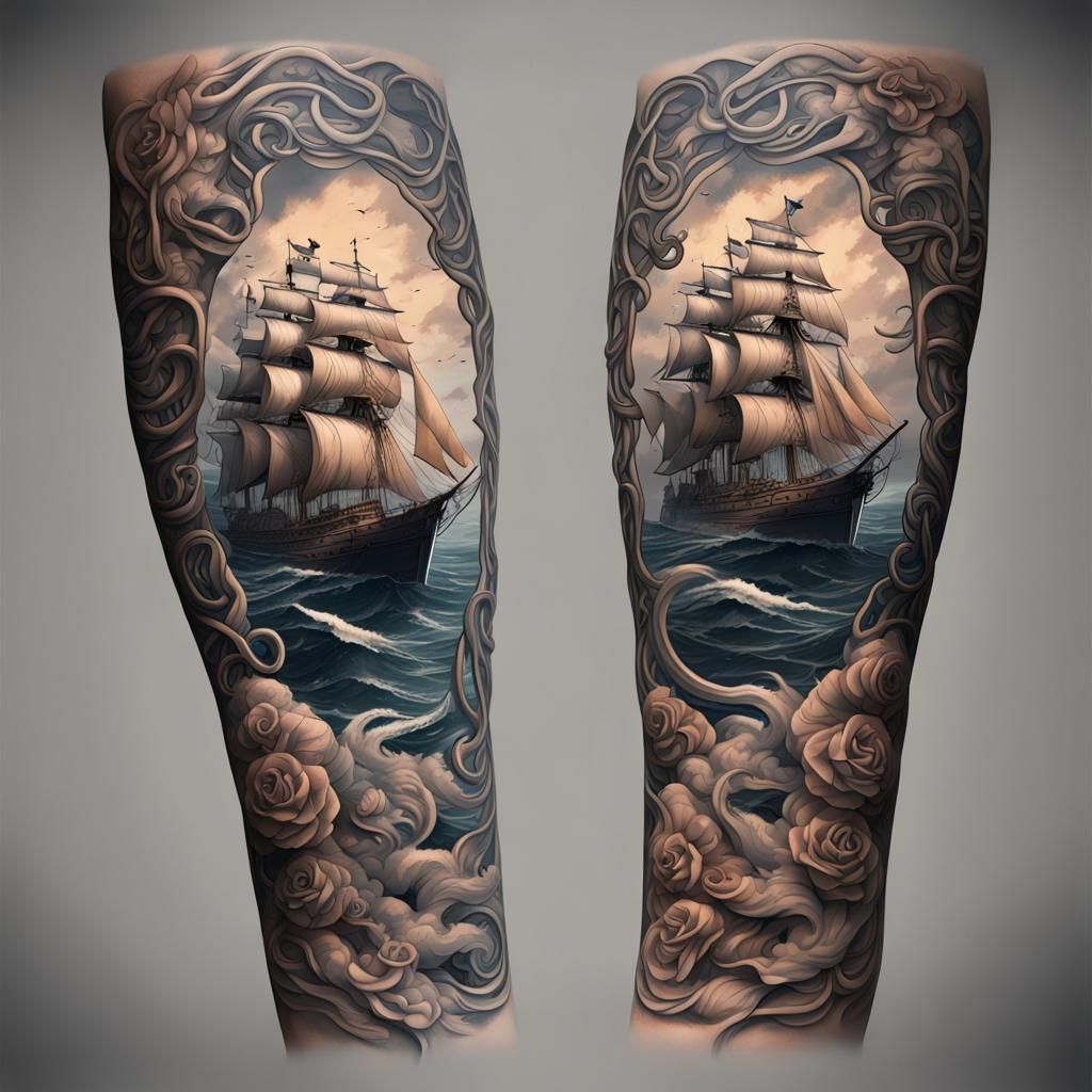 Sailor Tattoo Sleeve Design in Dark Fantasy Style