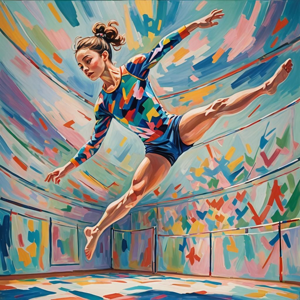 Gymnast Double Somersault in Dreamlike Oil Painting