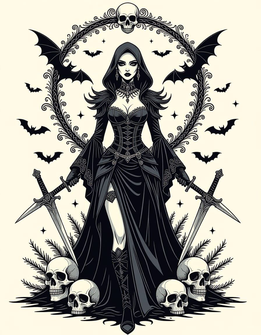 Gothic Woman with Skulls, Bats, and Daggers in Fractal Art S...
