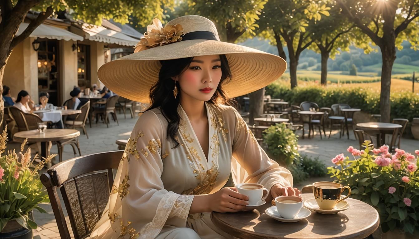 Asian Woman at French Cafe in Golden Hour Light