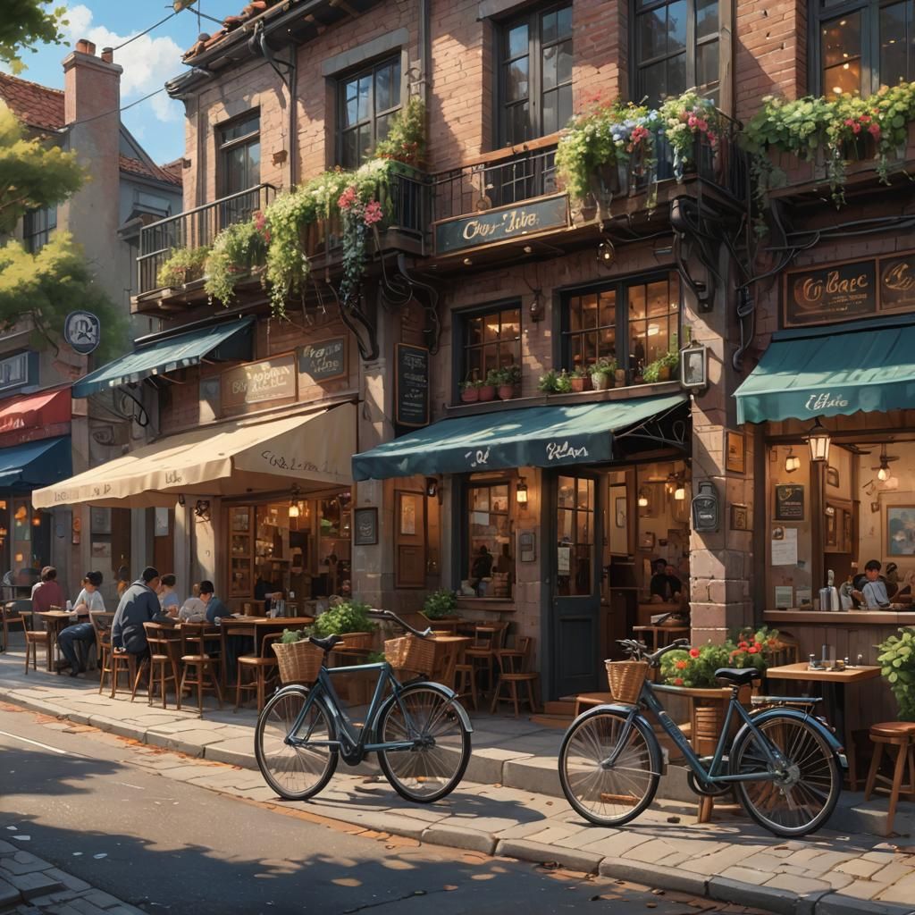 Cafe Scene with Bicycle: Digital Brush Stroke Painting