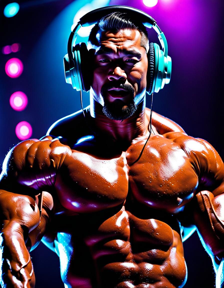 East Asian Bodybuilder DJ in Neon Club