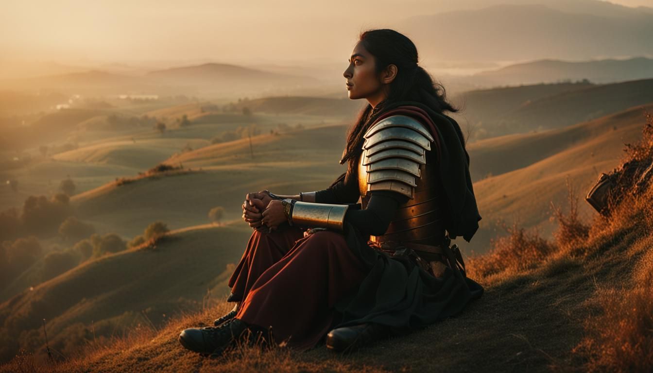 Victorious Warrior at Sunset: Cinematic Film Still
