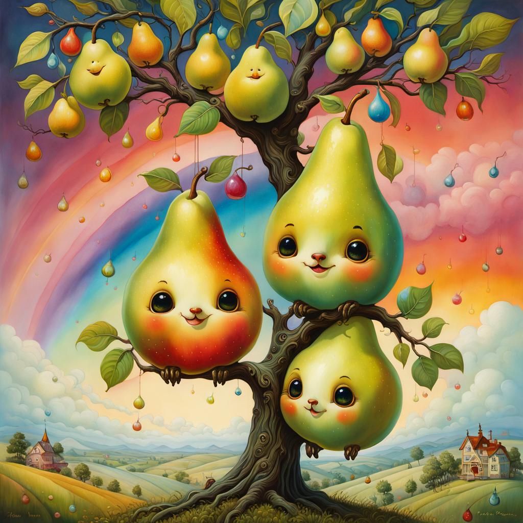 Whimsical Pear Couple in Rainbow Landscape