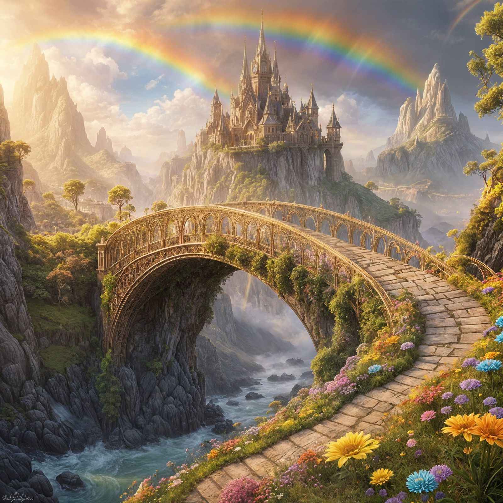 Ethereal Golden Bridge in the Misty Abyss