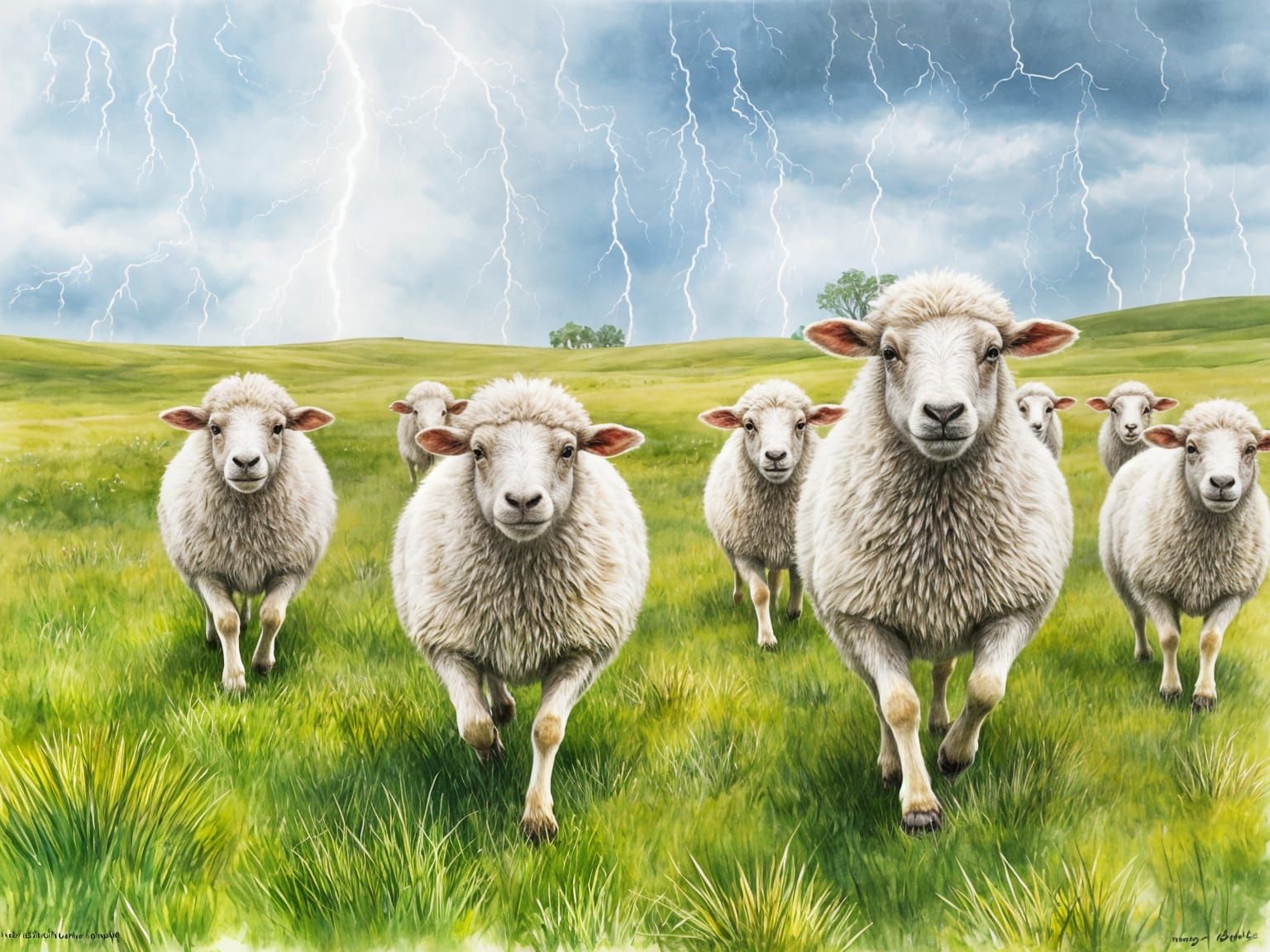 Watercolor Sheep Running in Rainy Meadow
