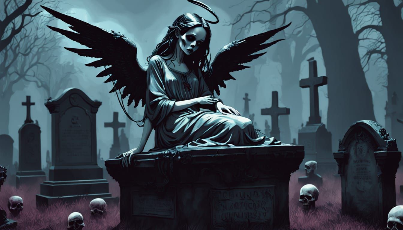 Angel of Death in Victorian Cemetery, Oil on Canvas
