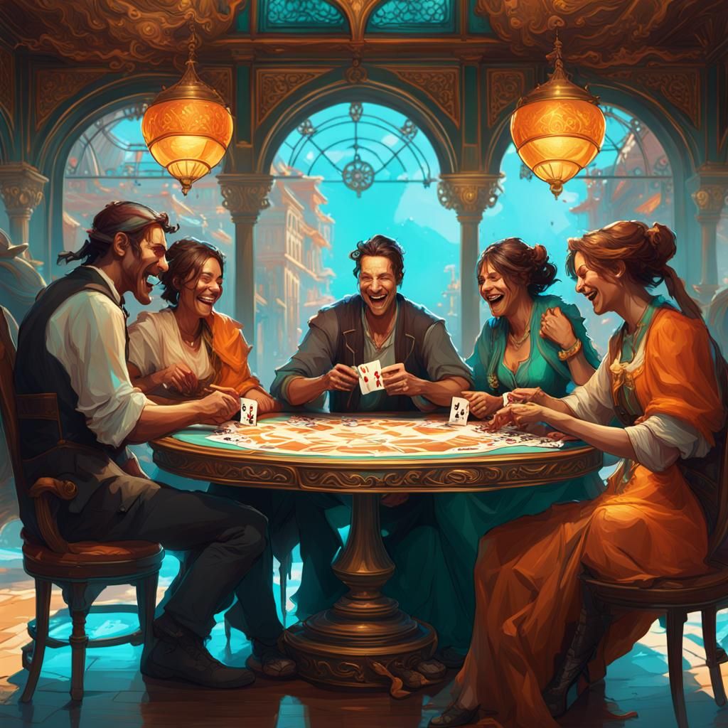 Friends Laughing at Cards: Hyperdetailed Art Nouveau