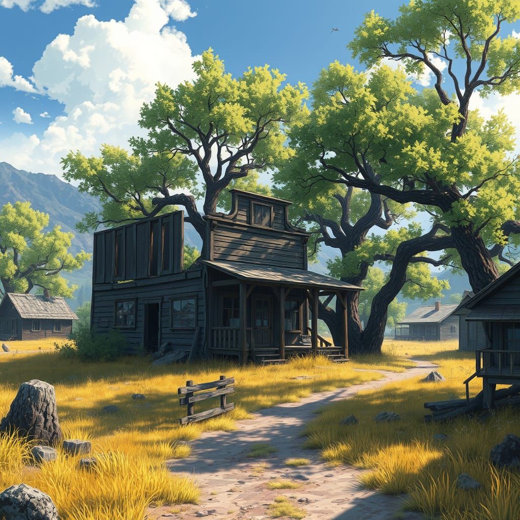 Ruined Country Store in Post-Apocalyptic Landscape