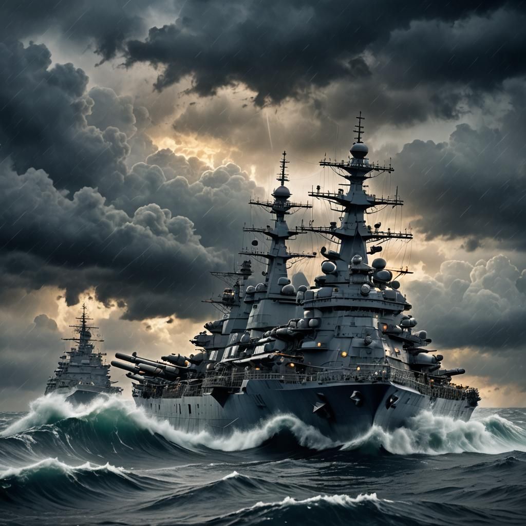 Yamato Battleship Cruises Through Stormy Seas