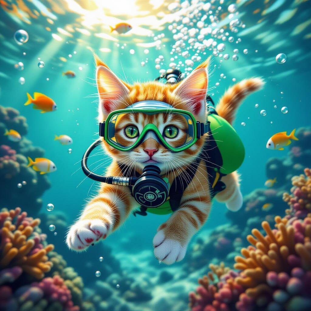 Orange Tabby Kitten Scuba Diving in Coral Reef