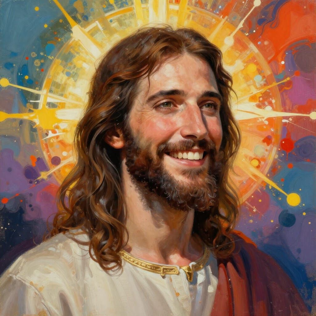 Jesus Smiling in Vibrant Splash Art Style