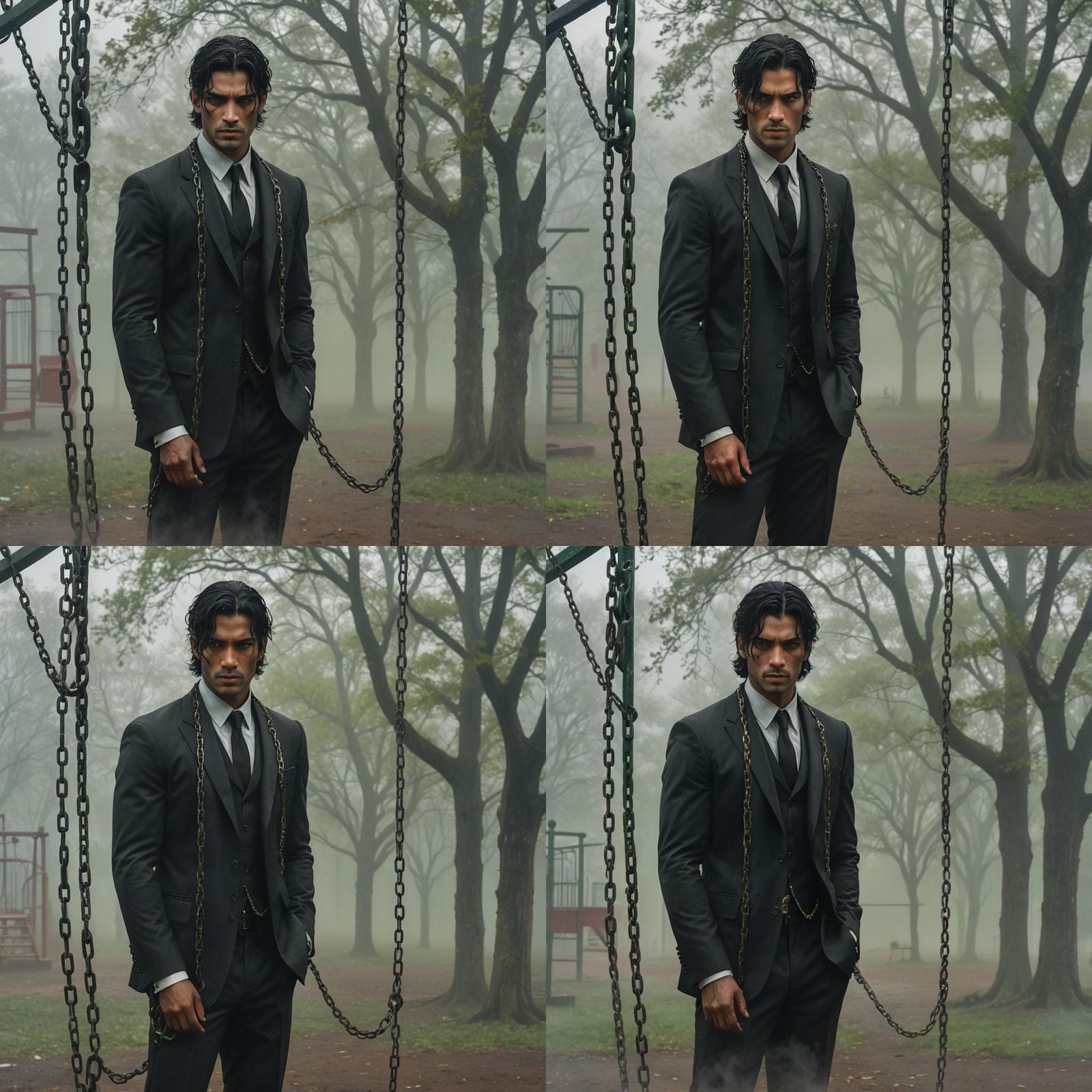 Brooding Figure in Foggy Playground with Megaphone