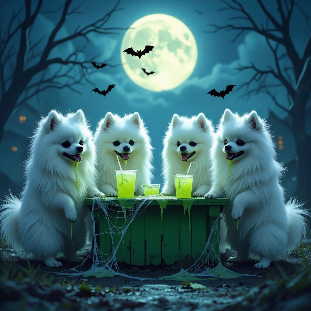 Pomeranian Zombies Run Slime Stand on Moonlit Night