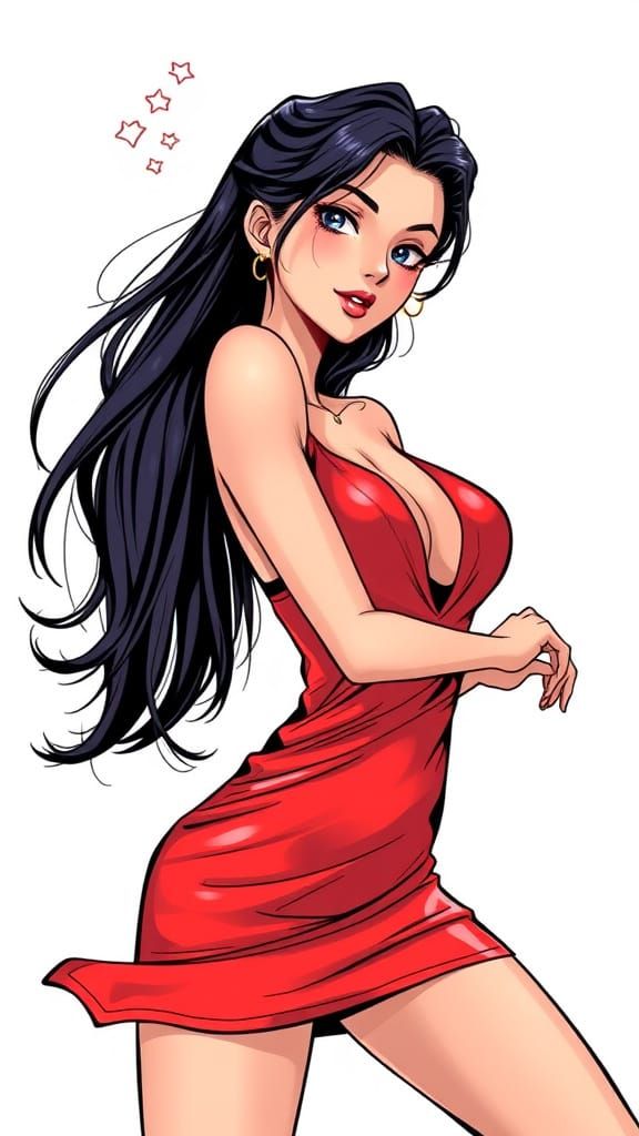 Woman in Red Dress: Dynamic Anime-Style Illustration