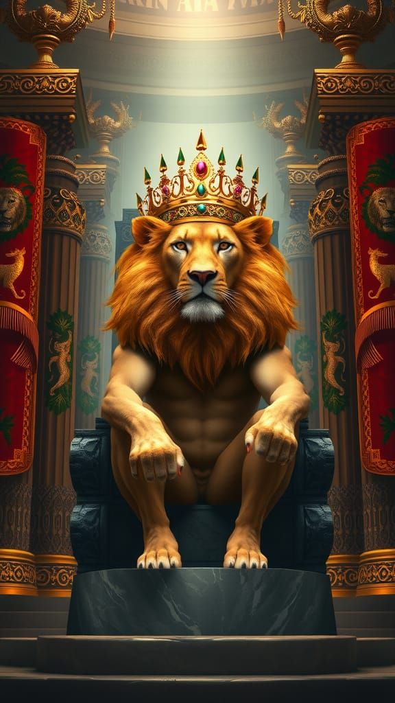 Lion-Human Hybrid King on Savannah Throne