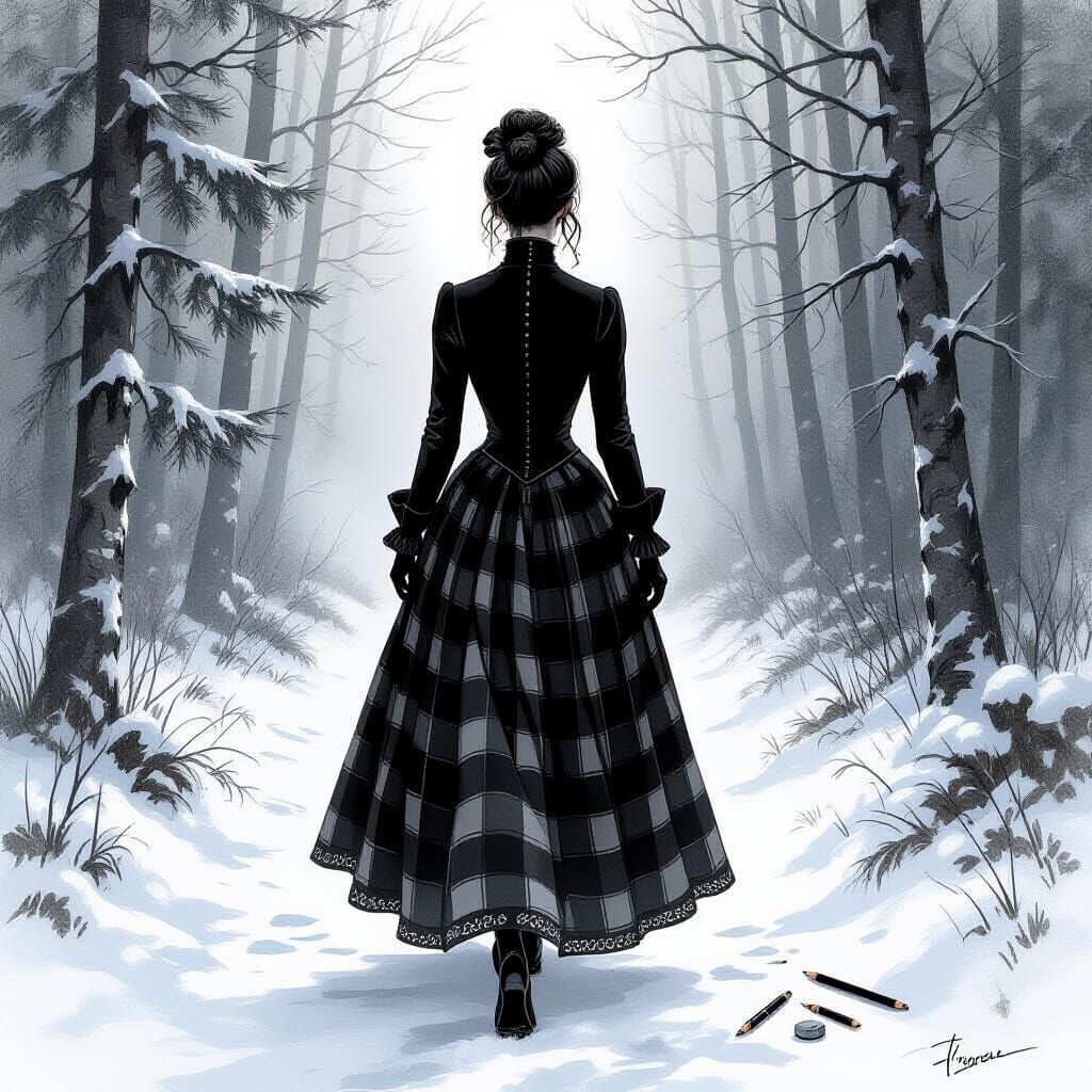 Gothic Victorian Lady in Snow Forest Charcoal Sketch