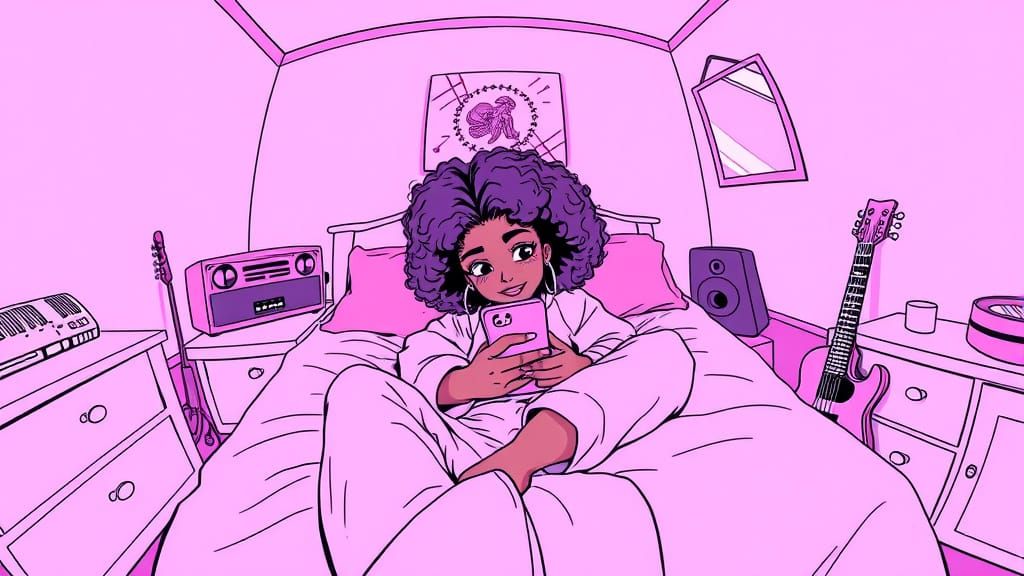 African American girl lies on the bed in her room, with pink...