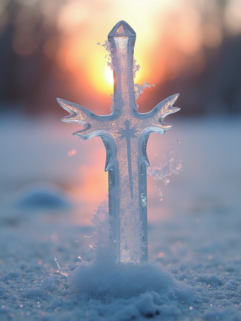 Ethereal Ice Sword Over Frozen Lake at Sunset