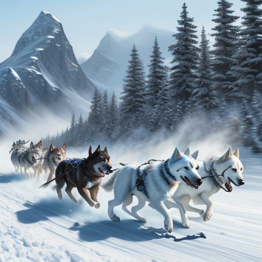 Dogs Pulling Sled Through Snowy Wilderness
