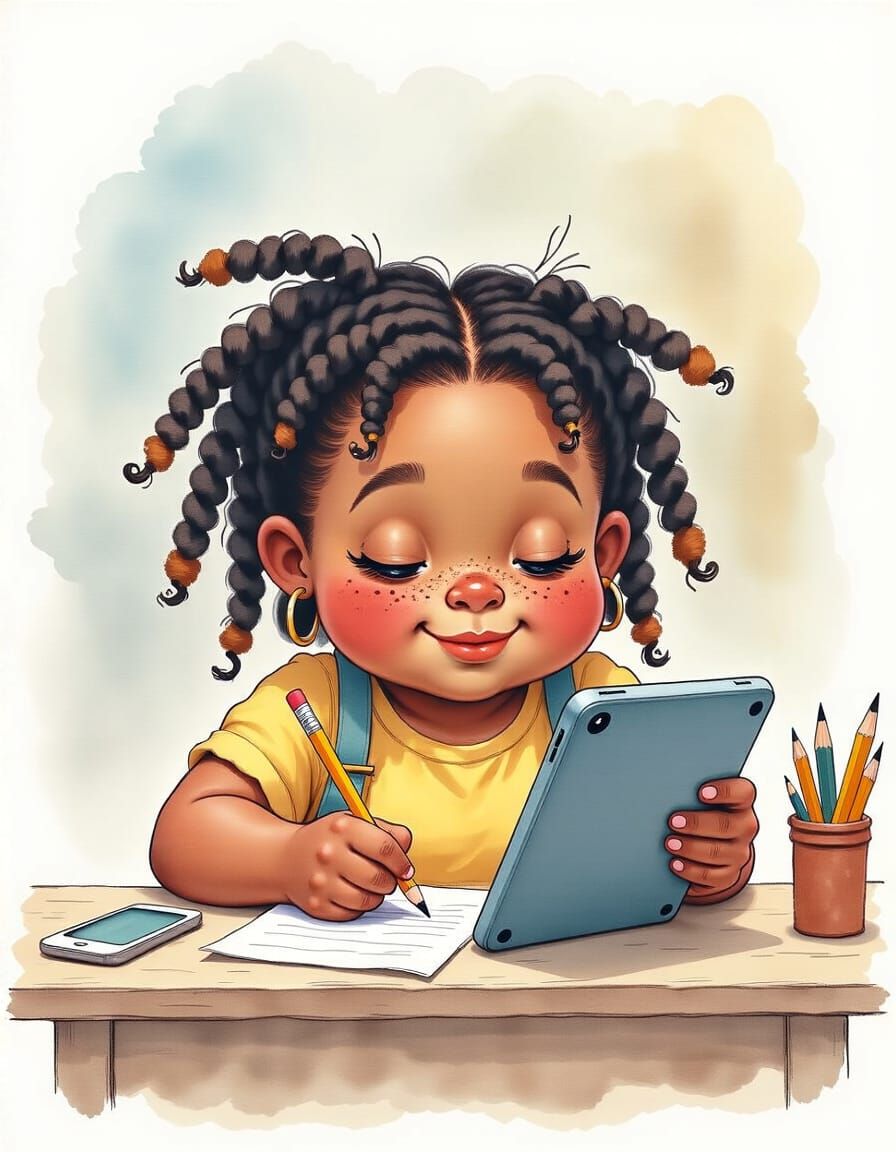 Girl Drawing at Desk in Watercolor Style