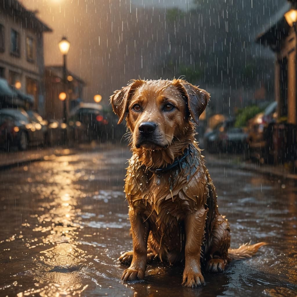 Pathetic Dog in Rain with Golden Light