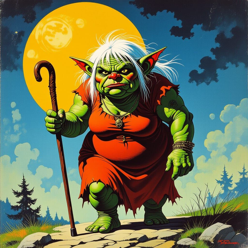 Troll Lady with Walking Stick in Pulp Fantasy Style