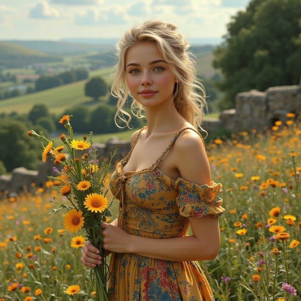 Blonde Woman Picking Flowers in English Countryside