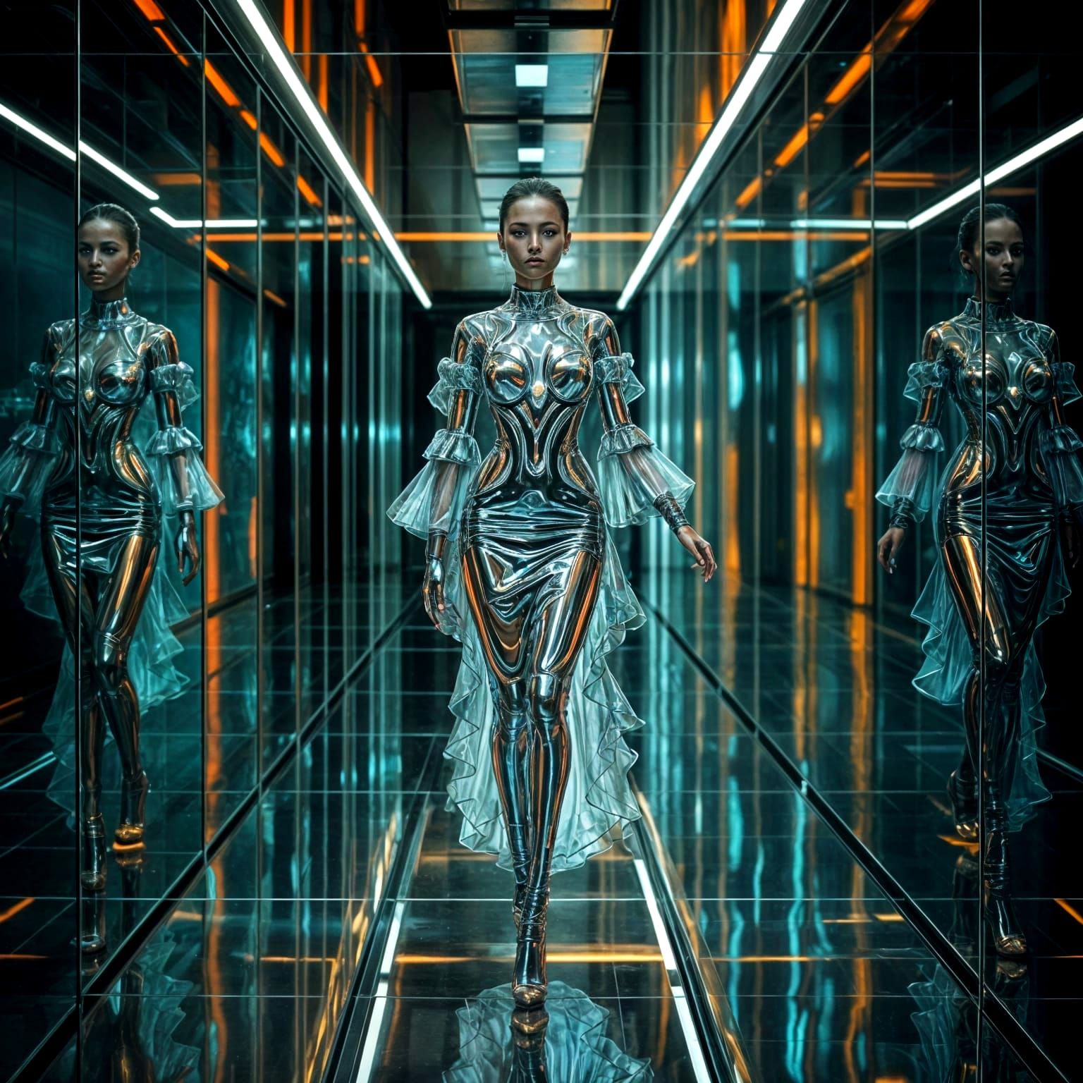 Futuristic Model in Liquid Glass Dress with Shadow Anomaly