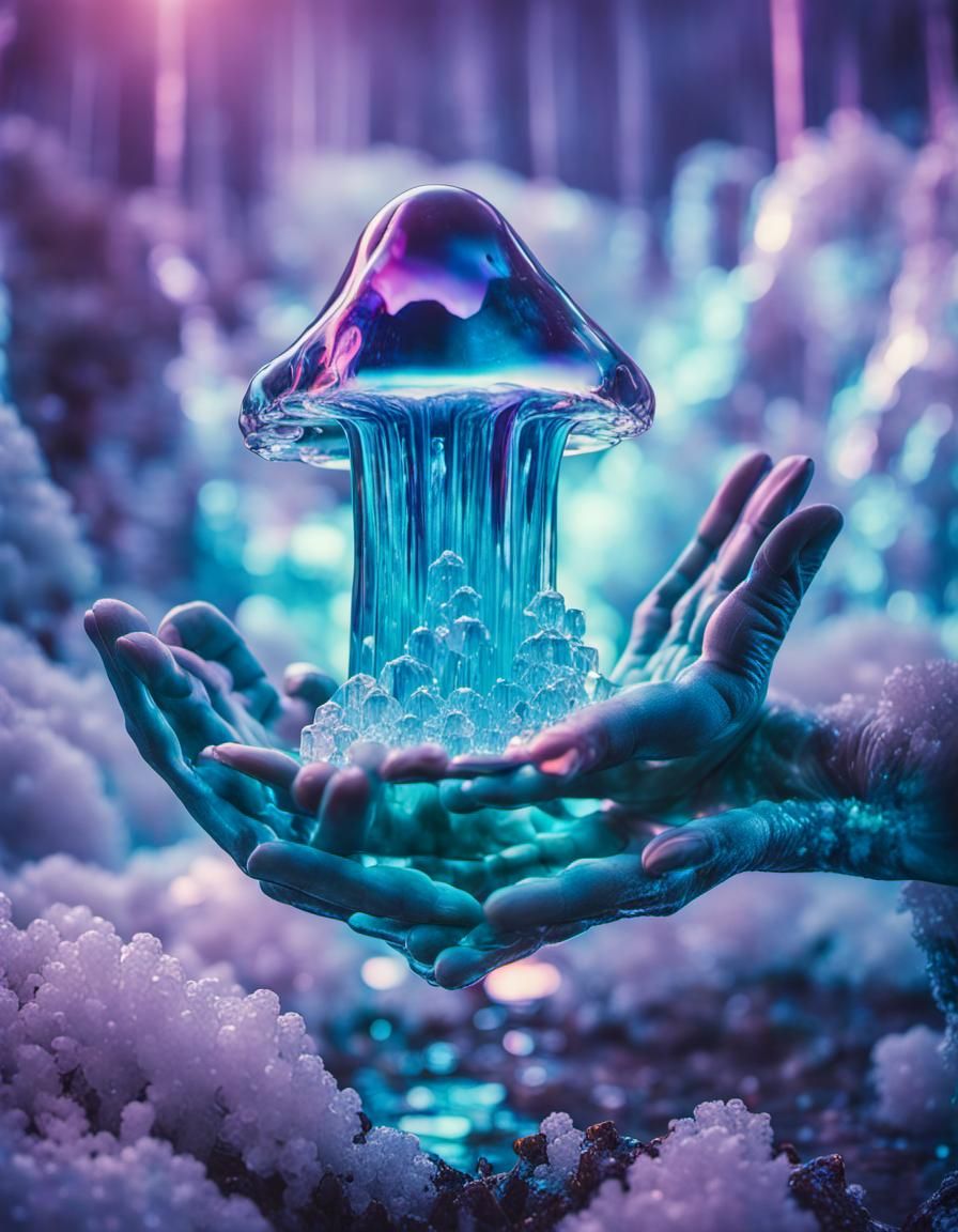 Futuristic Ice Hand Holding Waterfall Mushroom