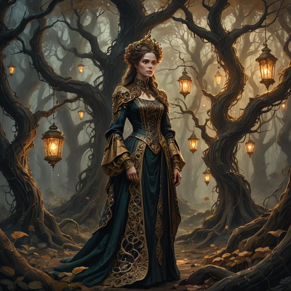 Victorian Fantasy Woman in Mystical Forest