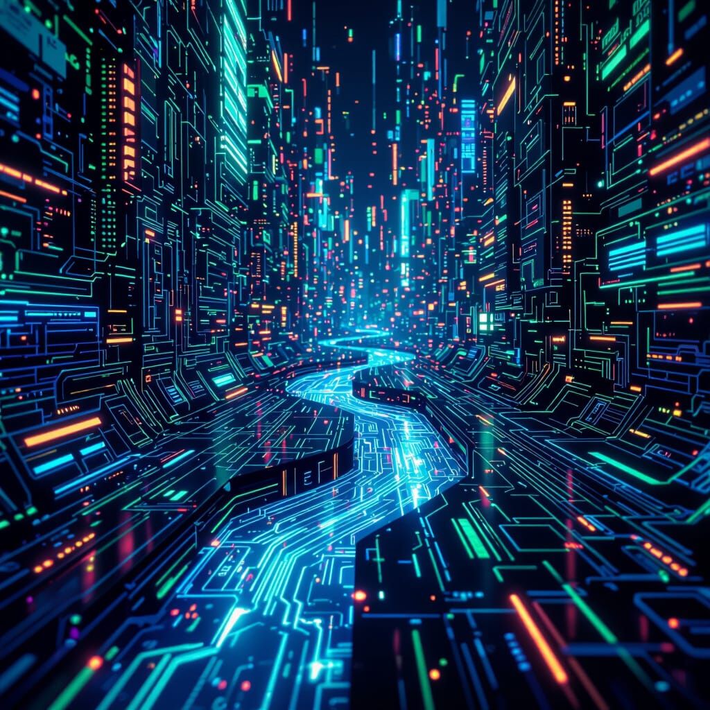 Cyberpunk Digital Circuits Pulse with Data Streams