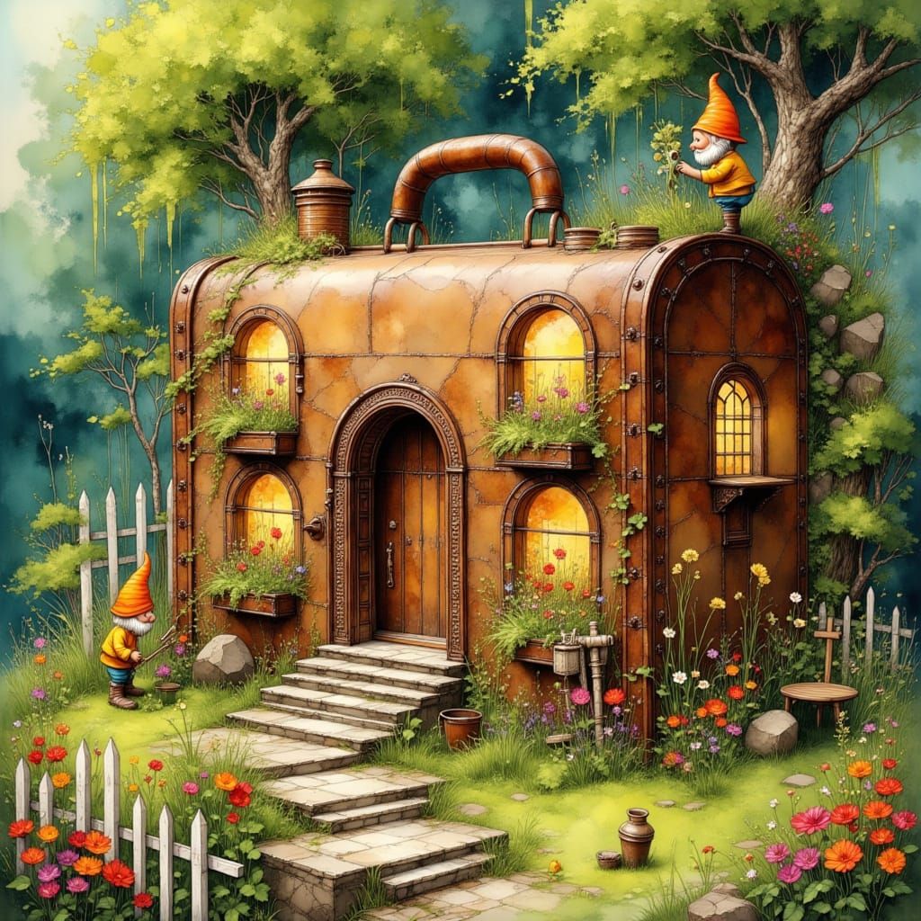 Enchanted Gnome Home in a Briefcase, Storybook Style