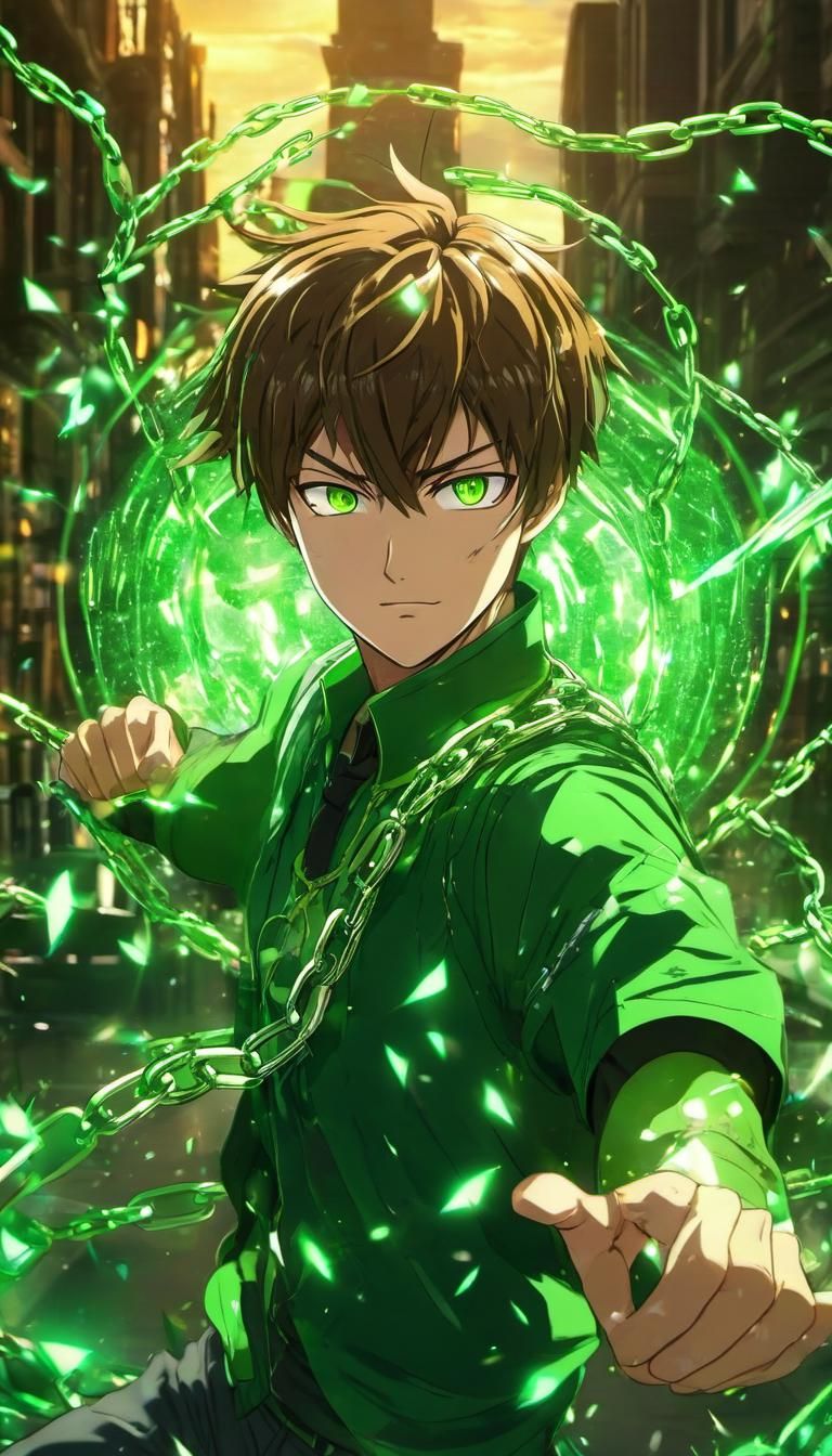 Anime Boy with Green Chains in Cel-Shaded Style