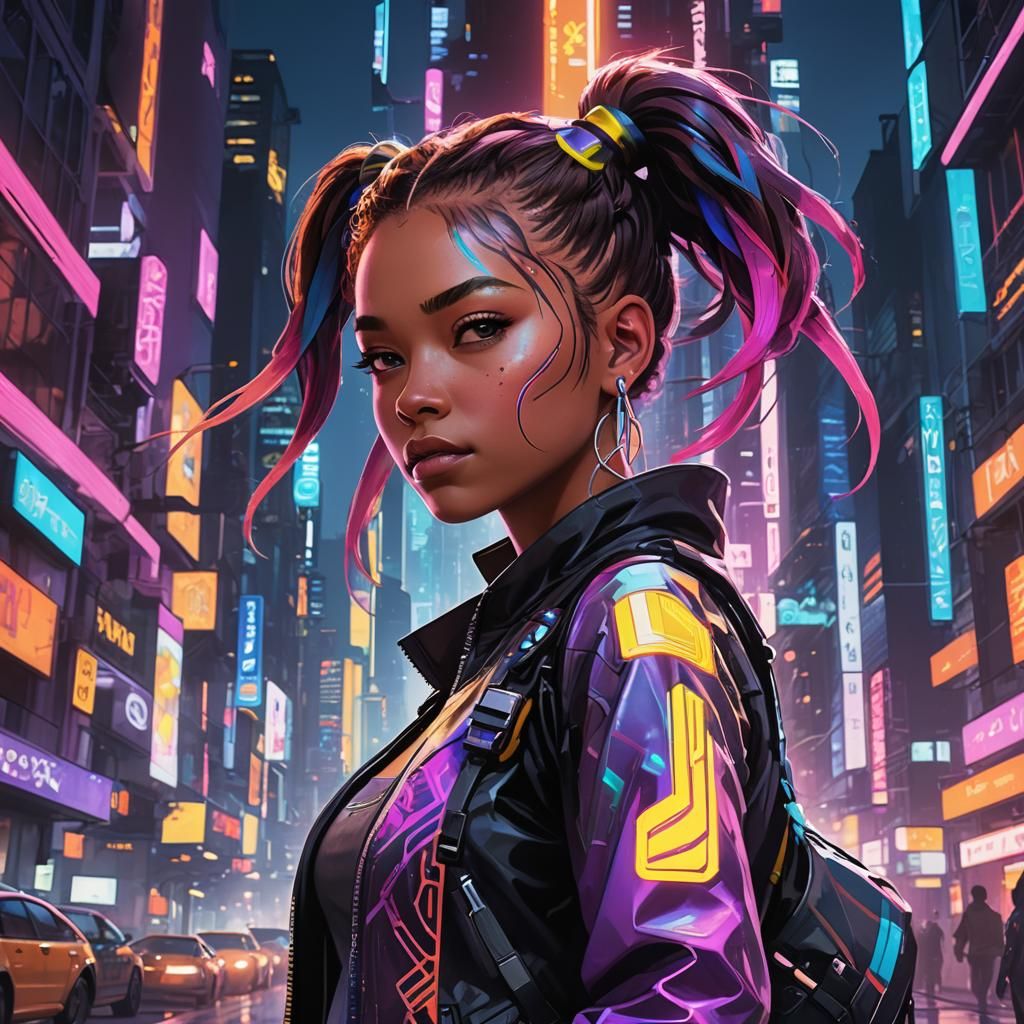 Rainbow Pigtails in Neon Cyberpunk Cityscape