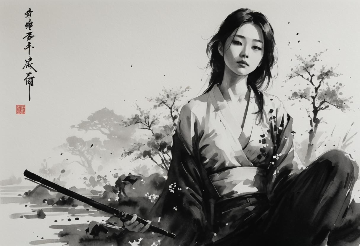 Japanese Spring in Ink Brush Style