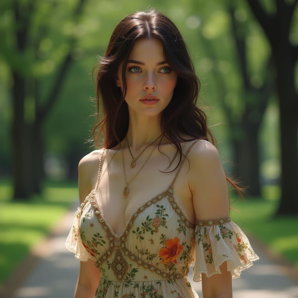 Scandinavian Woman Strolls Through Central Park: Art Nouveau...