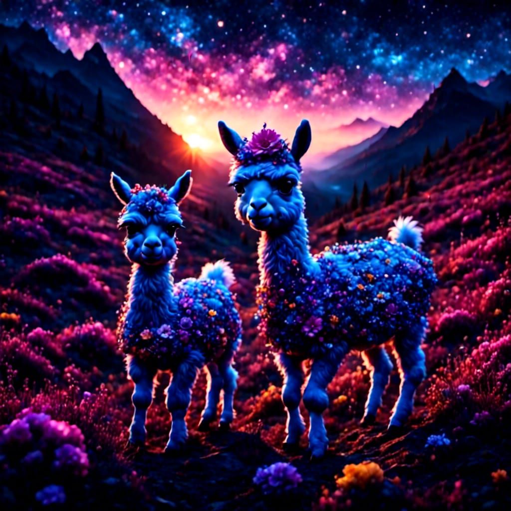 Baby Llamas Playing in Astral Sunset Meadow