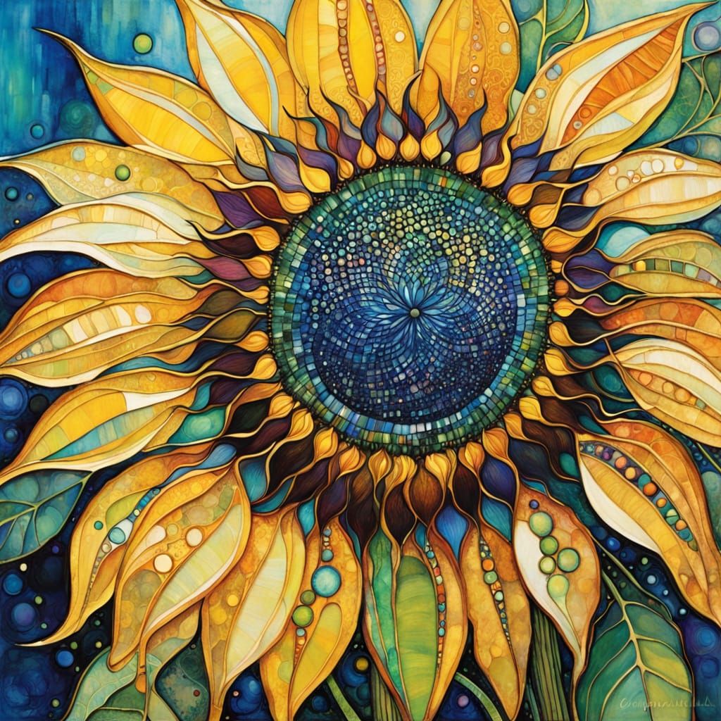 Intricate Sunflower in Expressionist Mixed Media Style