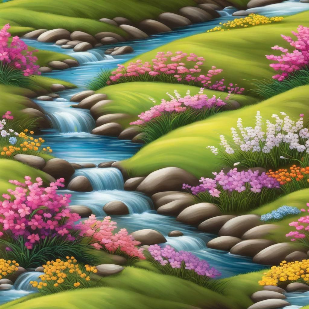 Rolling Hills of Flowers in Oil Paint Style