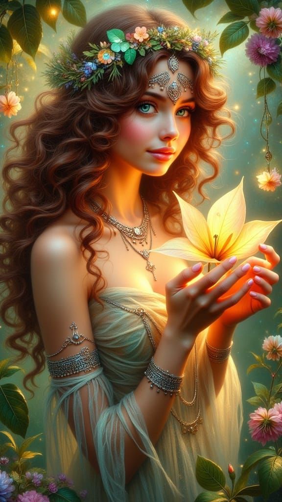 Mystical Forest Goddess in Soft, Ethereal Light