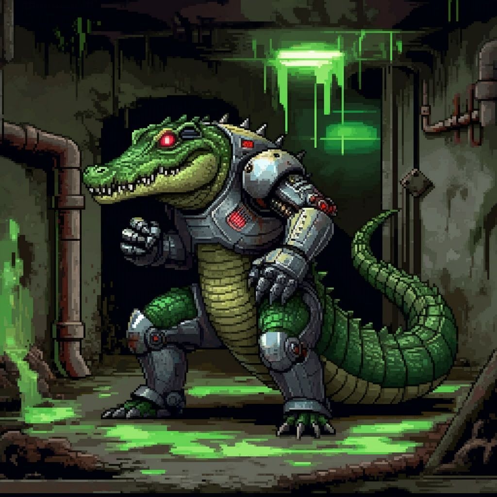 Crocodile Cyborg Ready for Battle in Pixel Art