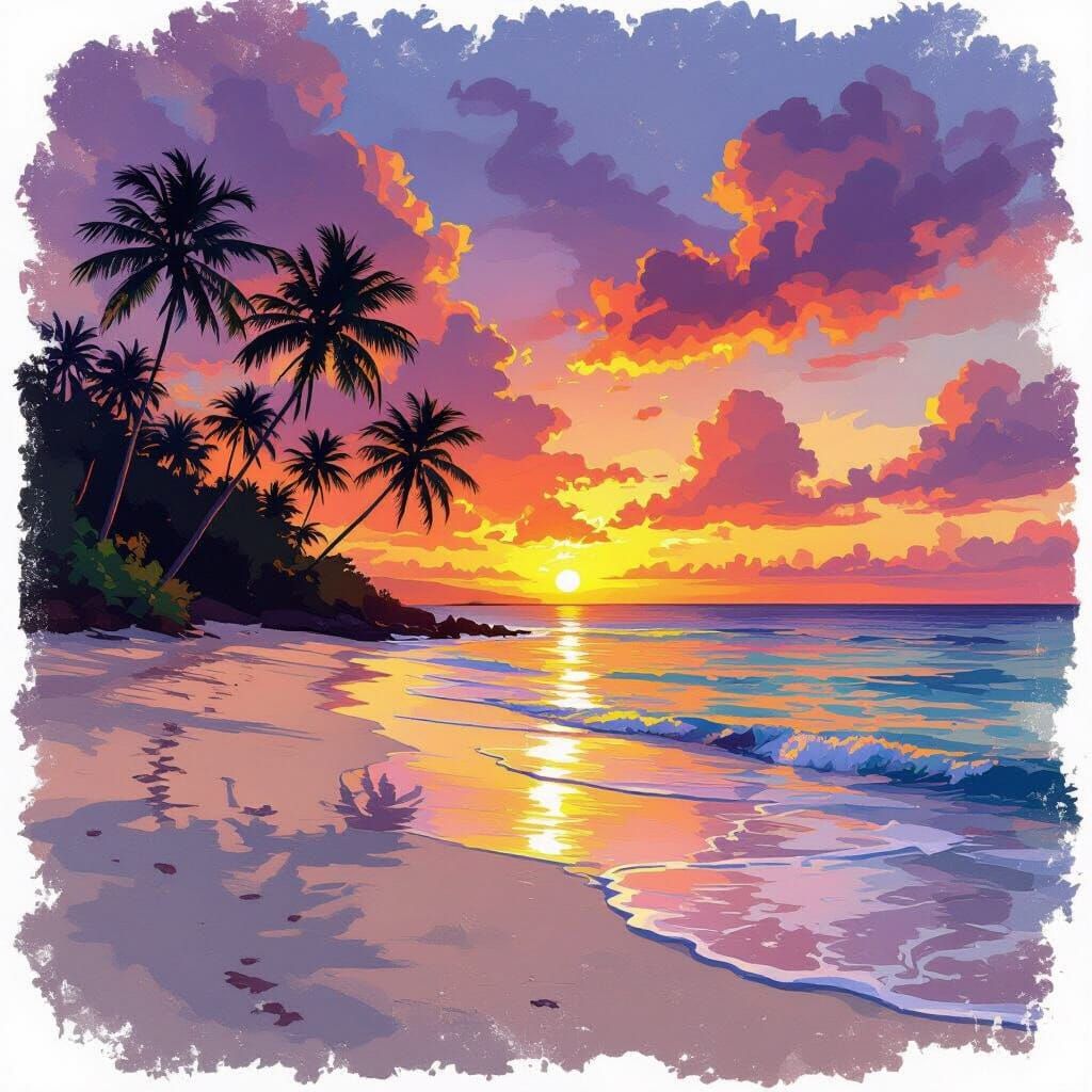 Tropical Island Sunset in Impressionistic Style