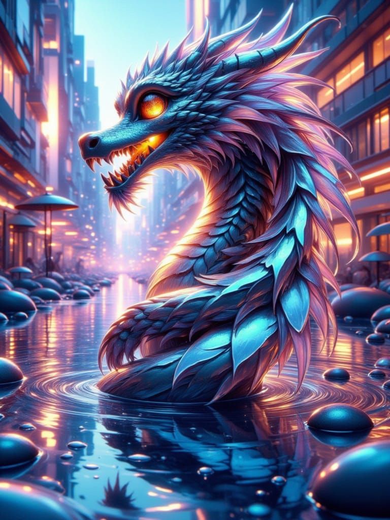 Dynamic Liquid Metal Dragon Reflects Future City