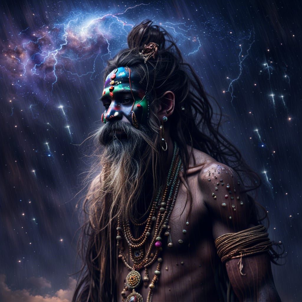 Aghori Sadhu in Trance Amidst Cosmic Storm