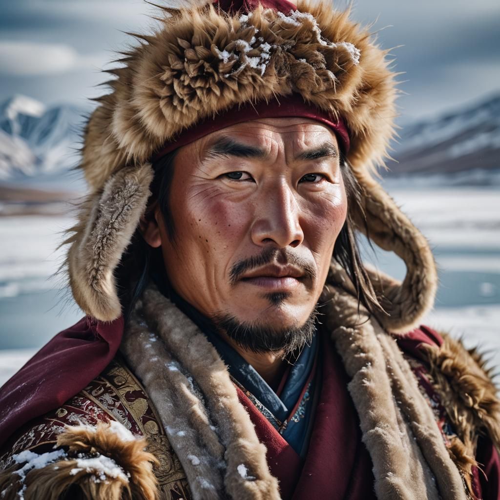 Mongolian Portrait in Siberian Winter Landscape